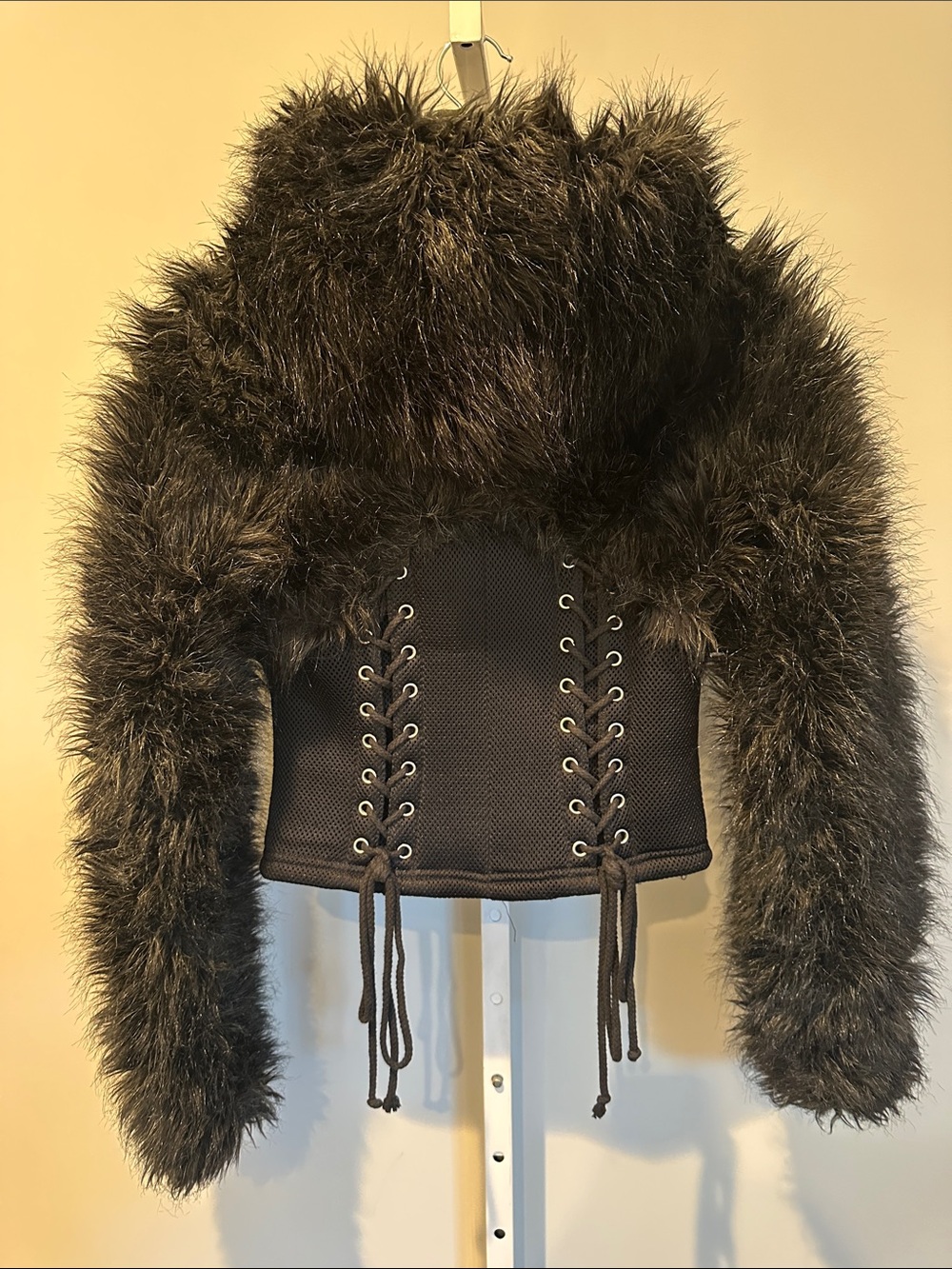 Fetish By Lip Service Vintage 90s Hooded Fur Jacket With Laced Bodice Size Small